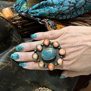 Statement Turquoise and Coral Cluster Ring